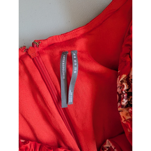 NWT By Anthropologie V-Neck Ruched Ruffle Floral Midi Dress Size 14 Red #9G507 - Picture 8 of 11